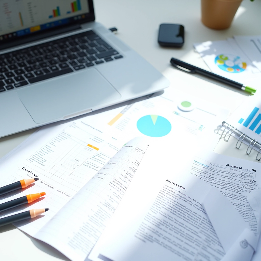 Editorial workspace with research materials and compliance monitoring documentation