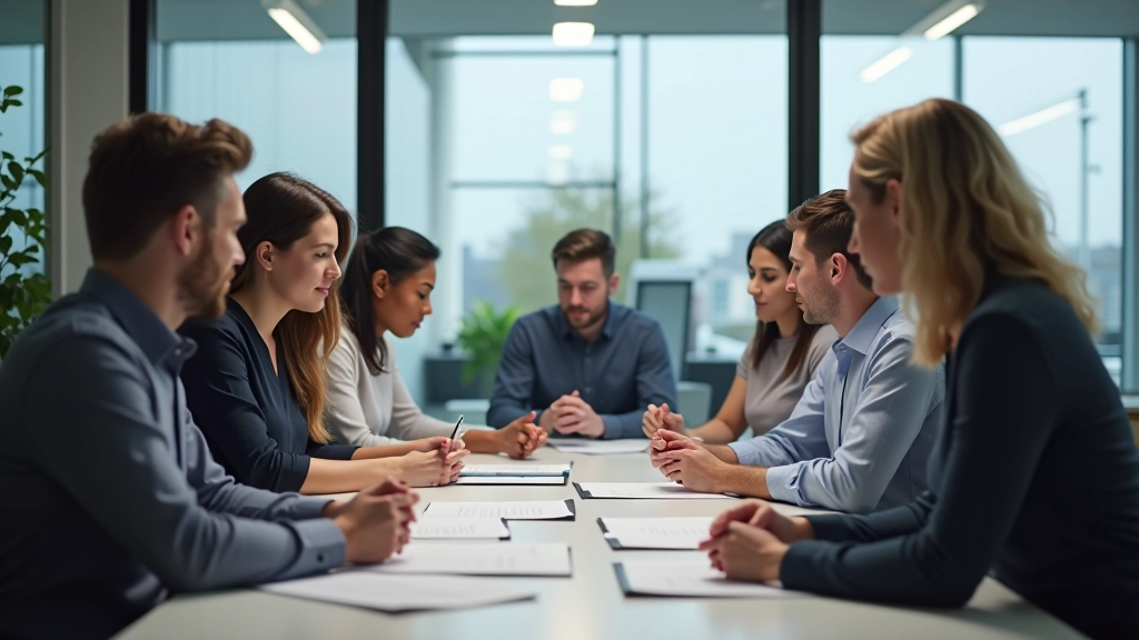 Professional workplace showing diverse team collaborating on compliance project with documents and computer systems