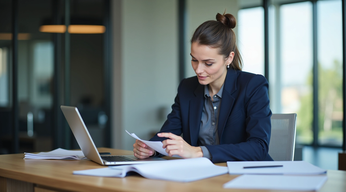 Professional compliance officer reviewing regulatory documents at modern office desk with computer monitor